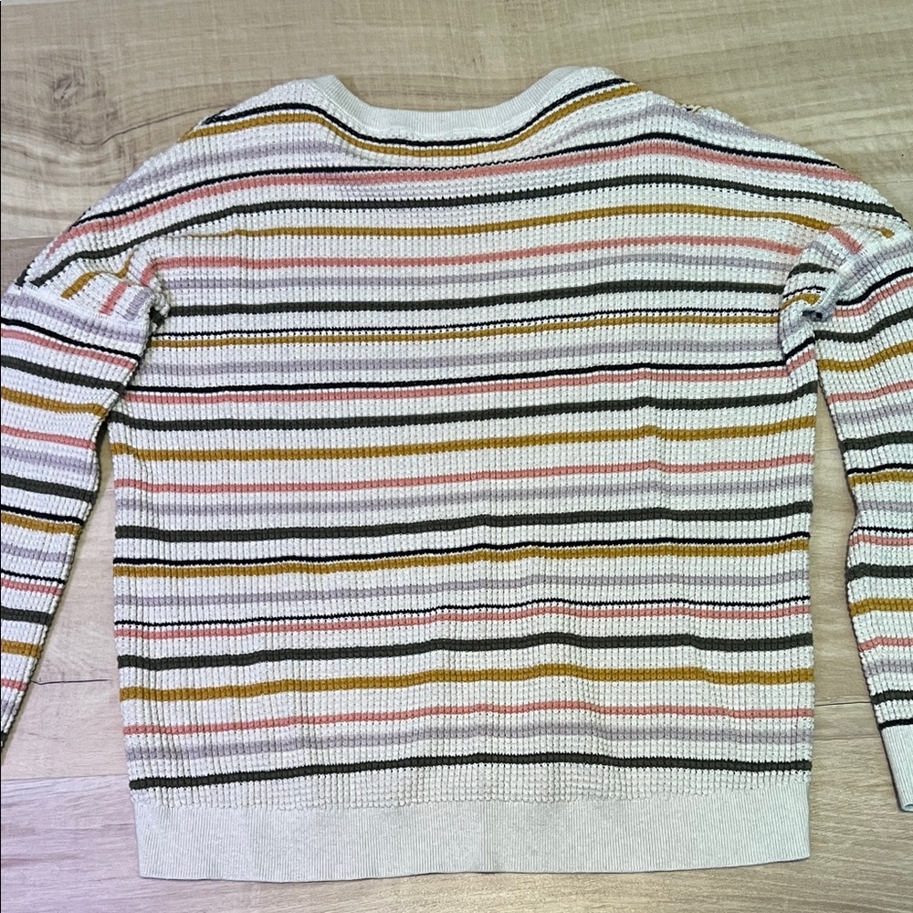 REI Women's Crew Neck Striped Sweater in Cream, Pink, Mustard & Black